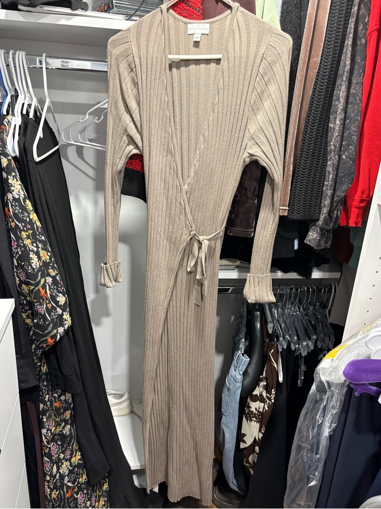 Long Ribbed Wrap Midi Dress - Beige